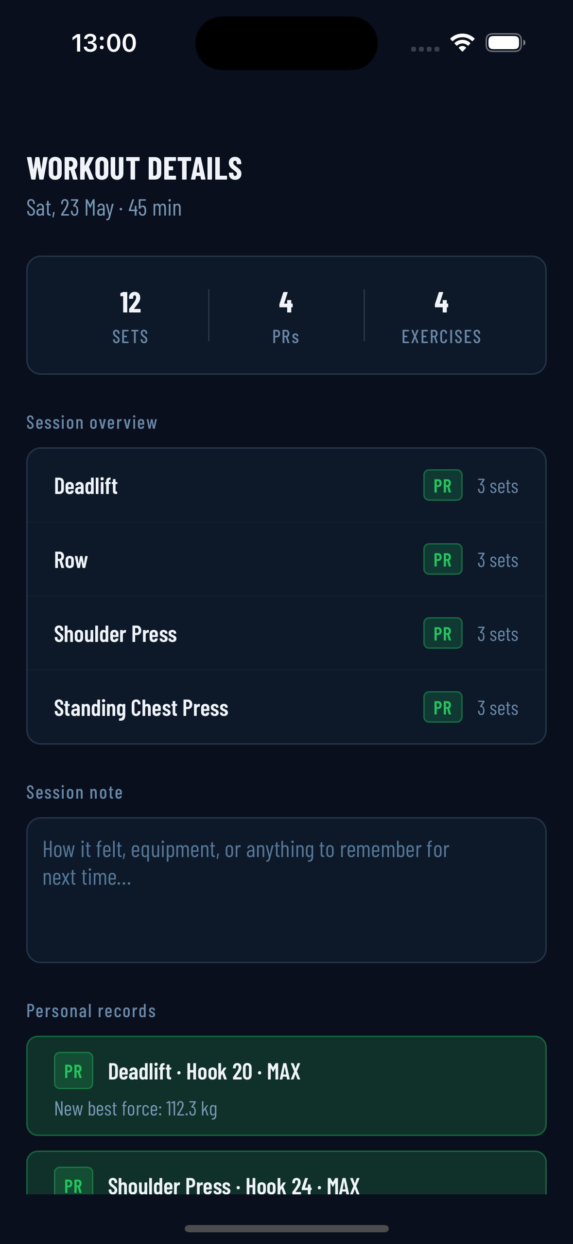 Workout summary with progression results